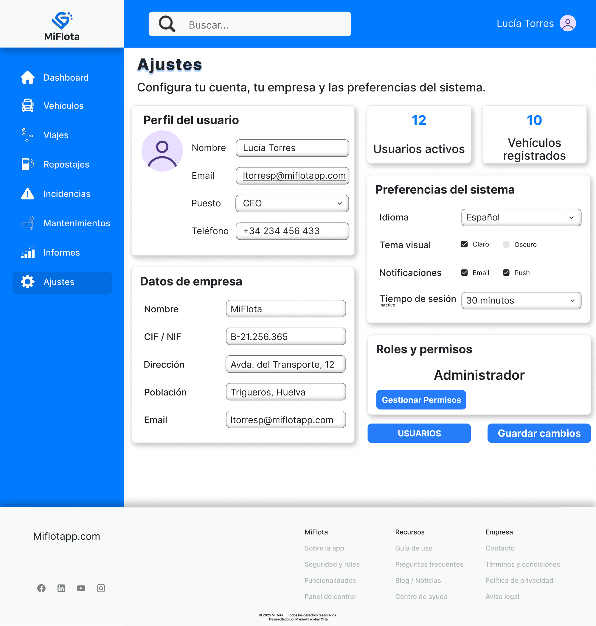 Ajustes — cuenta, empresa y roles